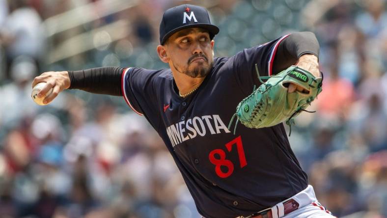 Jun 17, 2023; Minneapolis, Minnesota, USA; Minnesota Twins starting pitcher Jose De Leon (87) delivers against the Detroit Tigers in the first inning at Target Field. Mandatory Credit: Jesse Johnson-USA TODAY Sports