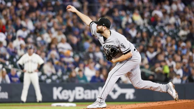 Jun 17, 2023; Seattle, Washington, USA; Chicago White Sox starting pitcher Lucas Giolito (27) throws against the Seattle Mariners during the first inning at T-Mobile Park. Mandatory Credit: Joe Nicholson-USA TODAY Sports