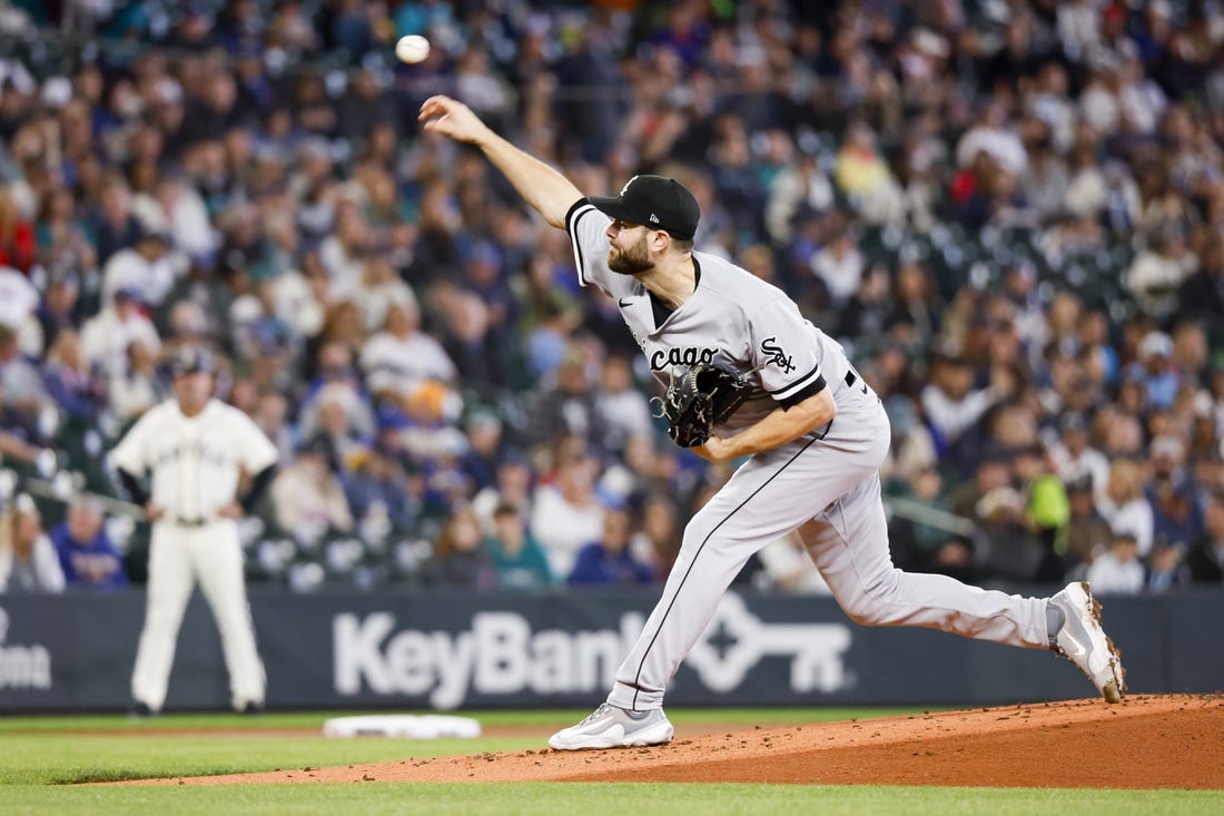 Jun 17, 2023; Seattle, Washington, USA; Chicago White Sox starting pitcher Lucas Giolito (27) throws against the Seattle Mariners during the first inning at T-Mobile Park. Mandatory Credit: Joe Nicholson-USA TODAY Sports