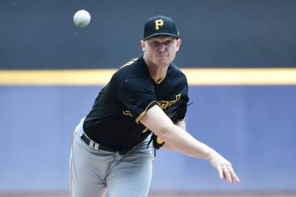 Jun 17, 2023; Milwaukee, Wisconsin, USA; Pittsburgh Pirates pitcher Mitch Keller (23) pitches against the Milwaukee Brewers in the first inning at American Family Field. Mandatory Credit: Benny Sieu-USA TODAY Sports