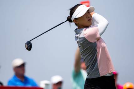 Amy Yang swings her club as she tees off at hole two during the Meijer LPGA Classic Saturday, June 17, 2023, at Blythefield Country Club in Belmont, MI.