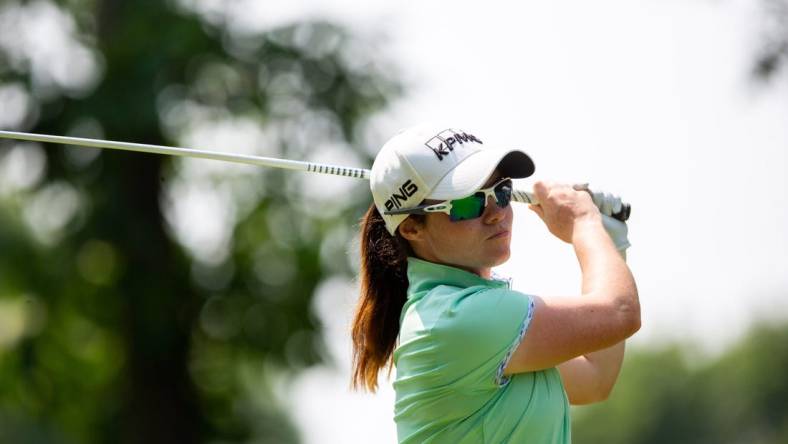 Leona Maguire tees off during the final round of the Meijer LPGA Classic Sunday, June 18, 2023, at Blythefield Country Club in Belmont, MI.