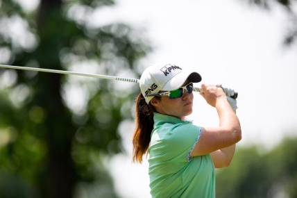 Leona Maguire tees off during the final round of the Meijer LPGA Classic Sunday, June 18, 2023, at Blythefield Country Club in Belmont, MI.