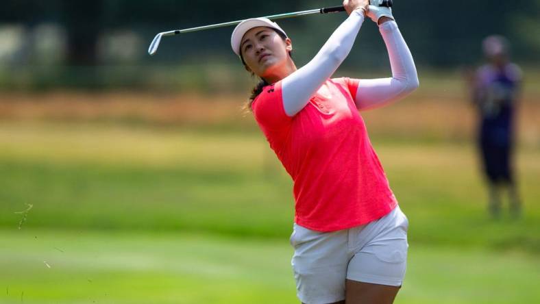 Xiyu Lin hits her ball to the green during the last round of the Meijer LPGA Classic Sunday, June 18, 2023, at Blythefield Country Club in Belmont, MI.