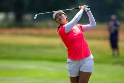 Xiyu Lin hits her ball to the green during the last round of the Meijer LPGA Classic Sunday, June 18, 2023, at Blythefield Country Club in Belmont, MI.
