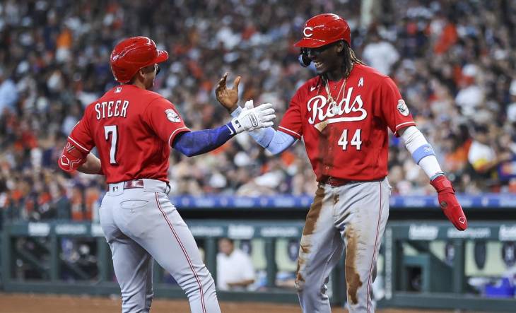 Spencer Steer of the Cincinnati Reds celebrates his solo home run