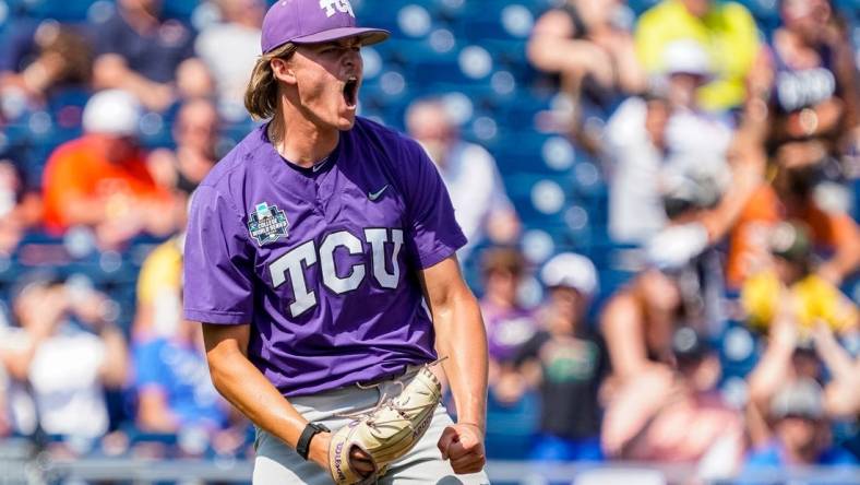 Jun 18, 2023; Omaha, NE, USA; TCU Horned Frogs pitcher Ben Abeldt (46) celebrates after defeating the Virginia Cavaliers at Charles Schwab Field Omaha. Mandatory Credit: Dylan Widger-USA TODAY Sports