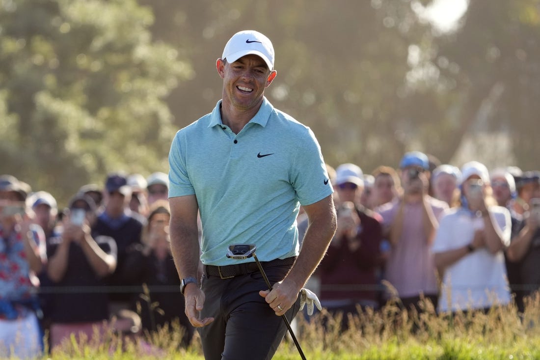 Jun 18, 2023; Los Angeles, California, USA; Rory McIlroy reacts after putting on the fifteenth hole during the final round of the U.S. Open golf tournament at Los Angeles Country Club. Mandatory Credit: Michael Madrid-USA TODAY Sports