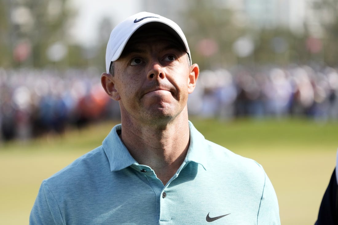 Jun 18, 2023; Los Angeles, California, USA; Rory McIlroy leaves the twelfth green during the final round of the U.S. Open golf tournament at Los Angeles Country Club. Mandatory Credit: Michael Madrid-USA TODAY Sports