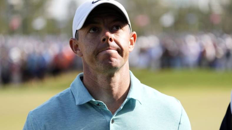 Jun 18, 2023; Los Angeles, California, USA; Rory McIlroy leaves the twelfth green during the final round of the U.S. Open golf tournament at Los Angeles Country Club. Mandatory Credit: Michael Madrid-USA TODAY Sports