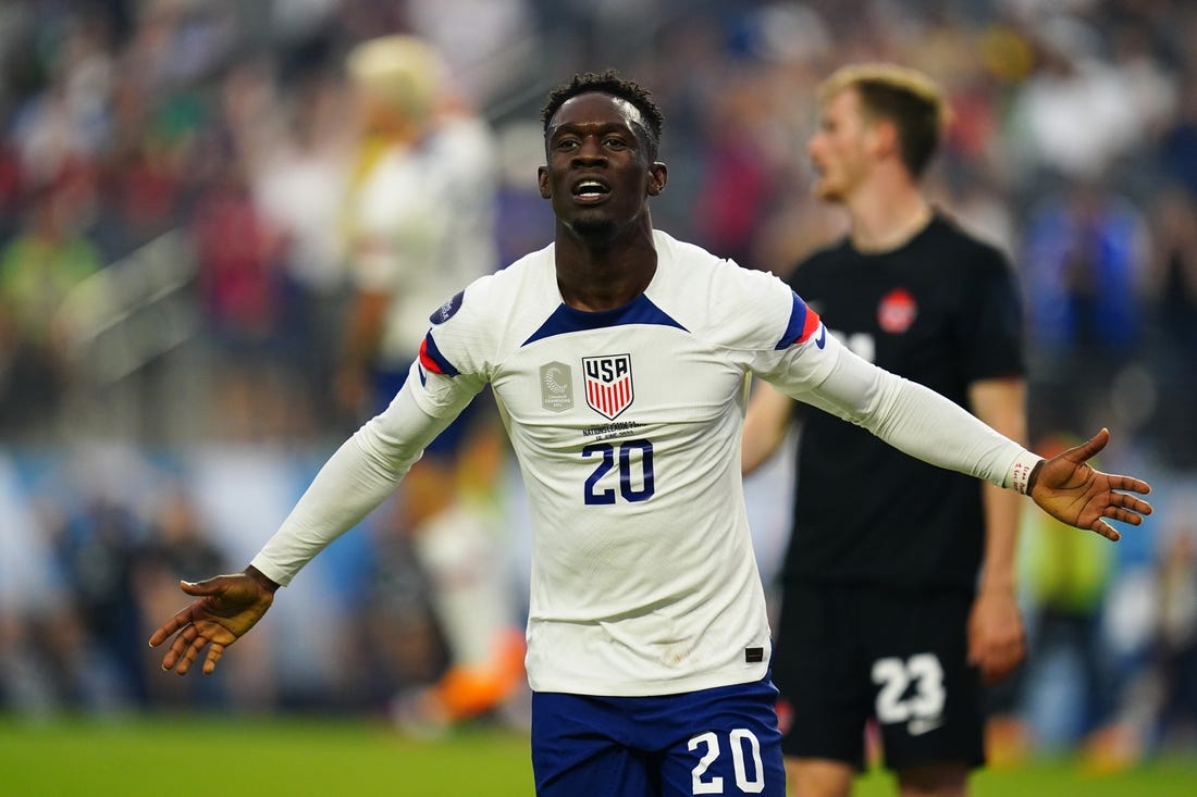 Jun 18, 2023; Las Vegas, Nevada, USA; USA forward Folarin Balogun (20) celebrates after scoring a goal against Canada during the first half at Allegiant Stadium. Mandatory Credit: Lucas Peltier-USA TODAY Sports