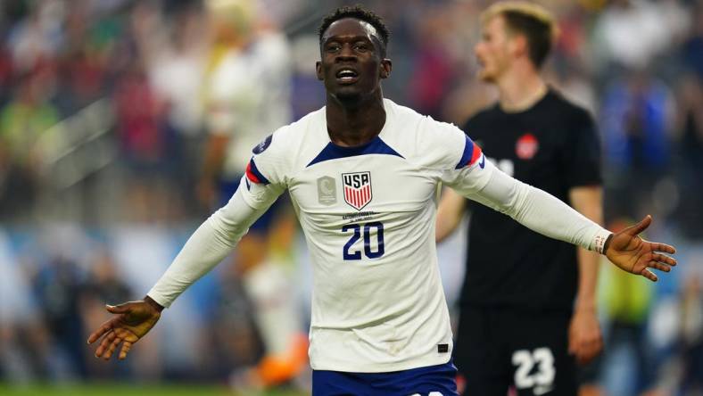 Jun 18, 2023; Las Vegas, Nevada, USA; USA forward Folarin Balogun (20) celebrates after scoring a goal against Canada during the first half at Allegiant Stadium. Mandatory Credit: Lucas Peltier-USA TODAY Sports