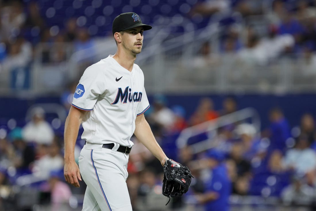 Jun 19, 2023; Miami, Florida, USA; Miami Marlins starting pitcher Bryan Hoeing (78) looks on against the Toronto Blue Jays during the first inning at loanDepot Park. Mandatory Credit: Sam Navarro-USA TODAY Sports