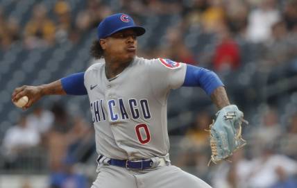 Jun 20, 2023; Pittsburgh, Pennsylvania, USA; Chicago Cubs starting pitcher Marcus Stroman (0) delivers a pitch against the Pittsburgh Pirates during the first inning at PNC Park. Mandatory Credit: Charles LeClaire-USA TODAY Sports