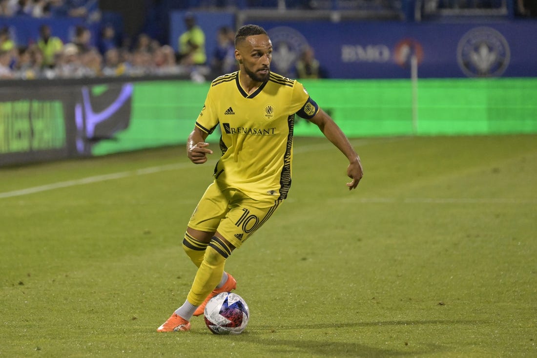 Jun 21, 2023; Montreal, Quebec, CAN;  Nashville SC midfielder Hany Mukhtar (10) controls the ball against the CF Montreal in the second half at Stade Saputo. Mandatory Credit: Eric Bolte-USA TODAY Sports