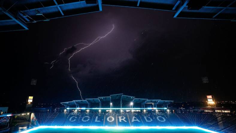 Jun 21, 2023; Commerce City, Colorado, USA; Lighting strikes during a weather delay before the match between the Colorado Rapids and the Vancouver Whitecaps at Dick's Sporting Goods Park. Mandatory Credit: Isaiah J. Downing-USA TODAY Sports