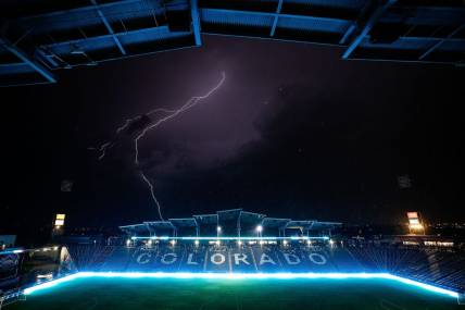 Jun 21, 2023; Commerce City, Colorado, USA; Lighting strikes during a weather delay before the match between the Colorado Rapids and the Vancouver Whitecaps at Dick's Sporting Goods Park. Mandatory Credit: Isaiah J. Downing-USA TODAY Sports