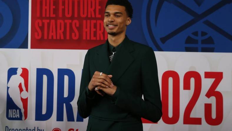 Jun 22, 2023; Brooklyn, NY, USA; Victor Wembanyama arrives for the first round of the 2023 NBA Draft at Barclays Arena. Mandatory Credit: Wendell Cruz-USA TODAY Sports