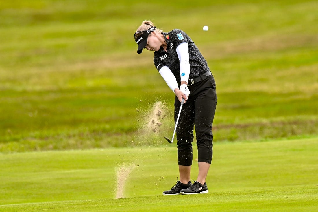 Jun 22, 2023; Springfield, New Jersey, USA; Brooke Mackenzie Henderson plays a shot from the fairway on the 18th hole during the first round of the KPMG Women's PGA Championship golf tournament. Mandatory Credit: John Jones-USA TODAY Sports