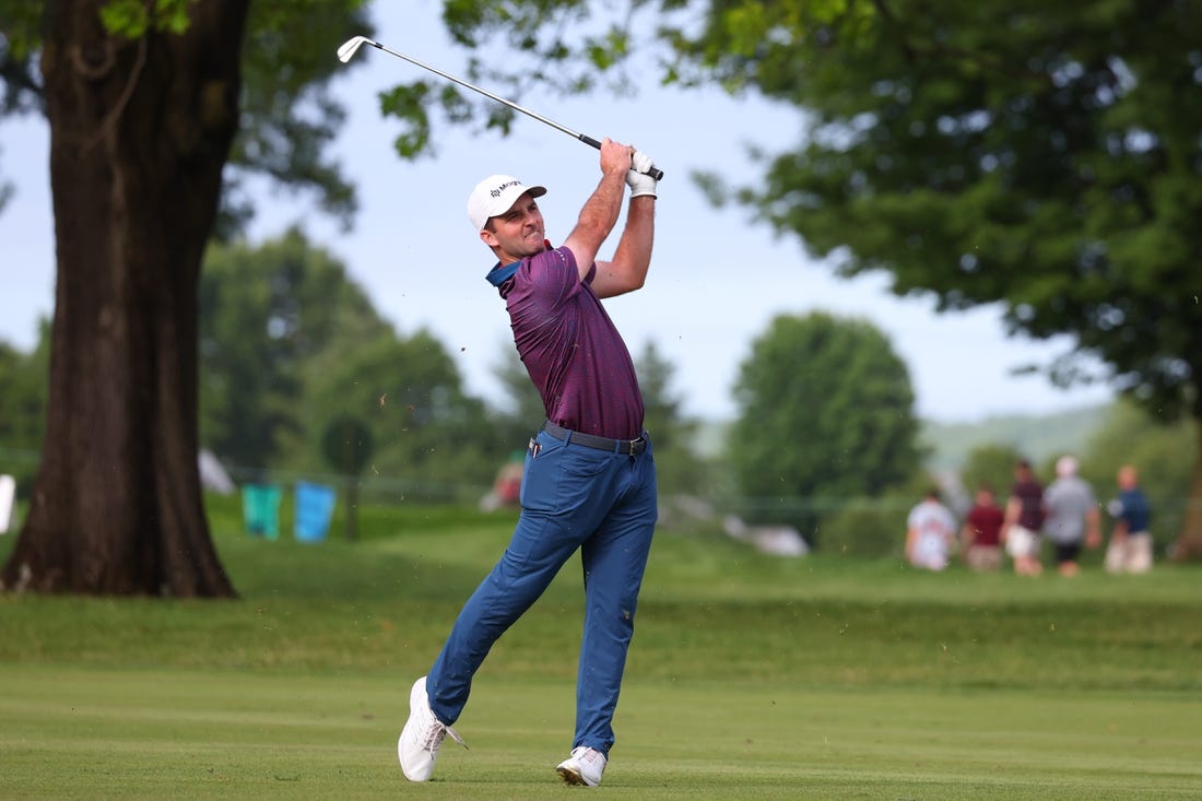 Jun 22, 2023; Cromwell, Connecticut, USA; Denny McCarthy plays his shot on the sixth hole during the first round of the Travelers Championship golf tournament. Mandatory Credit: Vincent Carchietta-USA TODAY Sports