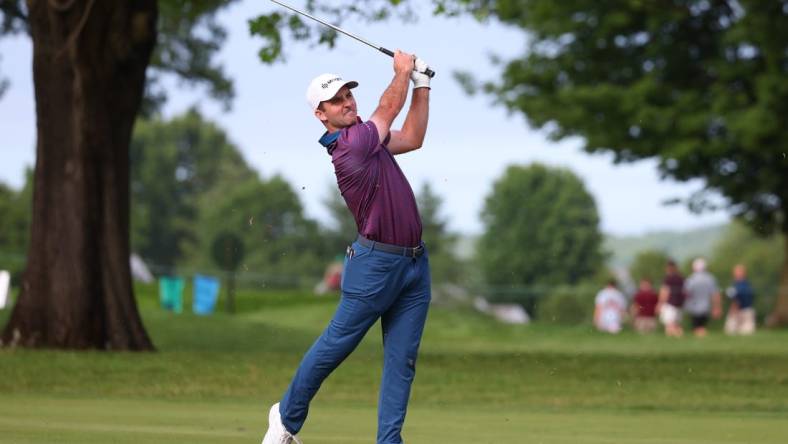 Jun 22, 2023; Cromwell, Connecticut, USA; Denny McCarthy plays his shot on the sixth hole during the first round of the Travelers Championship golf tournament. Mandatory Credit: Vincent Carchietta-USA TODAY Sports