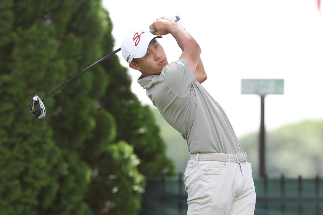 Jun 22, 2023; Cromwell, Connecticut, USA; Collin Morikawa plays his shot from the ninth tee during the first round of the Travelers Championship golf tournament. Mandatory Credit: Vincent Carchietta-USA TODAY Sports