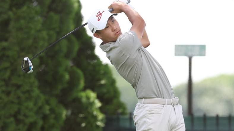 Jun 22, 2023; Cromwell, Connecticut, USA; Collin Morikawa plays his shot from the ninth tee during the first round of the Travelers Championship golf tournament. Mandatory Credit: Vincent Carchietta-USA TODAY Sports