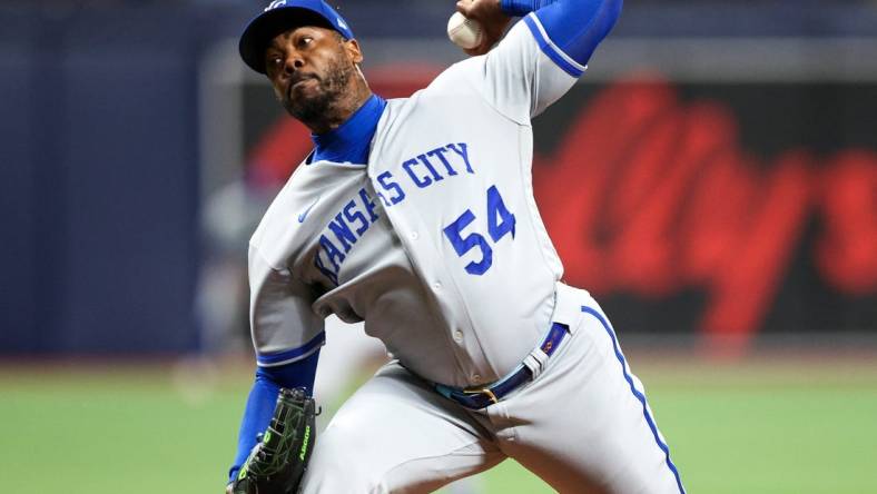 Jun 22, 2023; St. Petersburg, Florida, USA;  Kansas City Royals relief pitcher Aroldis Chapman (54) throws a pitch against the Tampa Bay Rays in the eighth inning at Tropicana Field. Mandatory Credit: Nathan Ray Seebeck-USA TODAY Sports