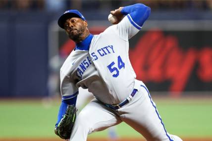 Jun 22, 2023; St. Petersburg, Florida, USA;  Kansas City Royals relief pitcher Aroldis Chapman (54) throws a pitch against the Tampa Bay Rays in the eighth inning at Tropicana Field. Mandatory Credit: Nathan Ray Seebeck-USA TODAY Sports