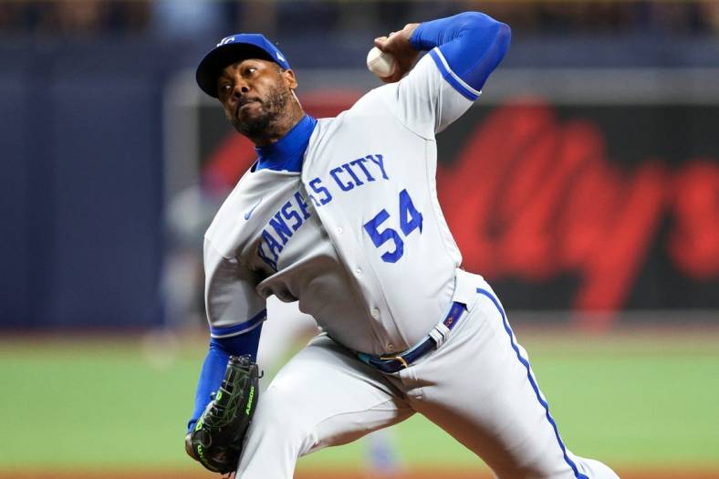 Jun 22, 2023; St. Petersburg, Florida, USA;  Kansas City Royals relief pitcher Aroldis Chapman (54) throws a pitch against the Tampa Bay Rays in the eighth inning at Tropicana Field. Mandatory Credit: Nathan Ray Seebeck-USA TODAY Sports