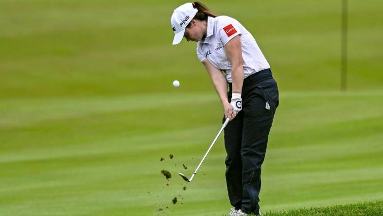 Jun 23, 2023; Springfield, New Jersey, USA; Leona Maguire plays a shot from the fairway on the 18th hole during the second round of the KPMG Women's PGA Championship golf tournament. Mandatory Credit: John Jones-USA TODAY Sports