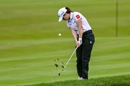 Jun 23, 2023; Springfield, New Jersey, USA; Leona Maguire plays a shot from the fairway on the 18th hole during the second round of the KPMG Women's PGA Championship golf tournament. Mandatory Credit: John Jones-USA TODAY Sports