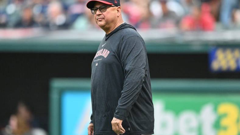 Jun 23, 2023; Cleveland, Ohio, USA; Cleveland Guardians manager Terry Francona walks on to the field to challenge a call during the third inning against the Milwaukee Brewers at Progressive Field. Mandatory Credit: Ken Blaze-USA TODAY Sports