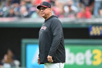 Jun 23, 2023; Cleveland, Ohio, USA; Cleveland Guardians manager Terry Francona walks on to the field to challenge a call during the third inning against the Milwaukee Brewers at Progressive Field. Mandatory Credit: Ken Blaze-USA TODAY Sports