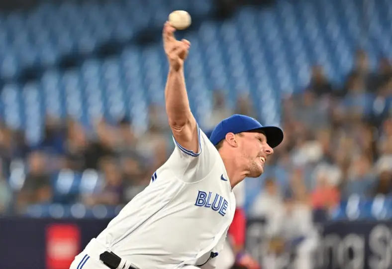 Jun 23, 2023; Toronto, Ontario, CAN;   Toronto Blue Jays starting pitcher Chris Bassitt (40) delivers a pitch against the Oakland Athletics in the first inning at Rogers Centre. Mandatory Credit: Dan Hamilton-USA TODAY Sports