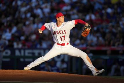 Jun 21, 2023; Anaheim, California, USA; Los Angeles Angels starting pitcher Shohei Ohtani (17) throws in the third inning against the Los Angeles Dodgers at Angel Stadium. Mandatory Credit: Kirby Lee-USA TODAY Sports