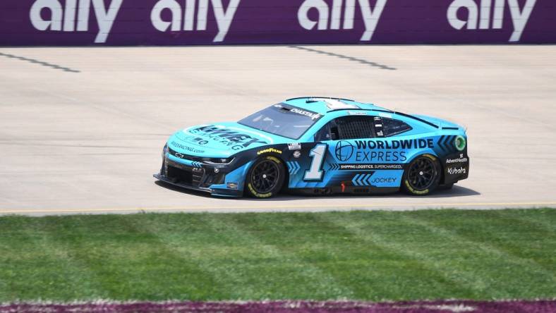 Jun 24, 2023; Nashville, Tennessee, USA; NASCAR Cup Series driver Ross Chastain (1) wins the pole during qualifying at Nashville Superspeedway. Mandatory Credit: Christopher Hanewinckel-USA TODAY Sports