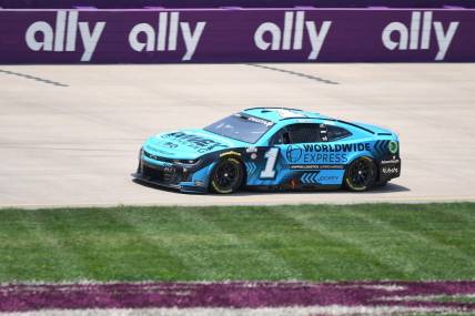 Jun 24, 2023; Nashville, Tennessee, USA; NASCAR Cup Series driver Ross Chastain (1) wins the pole during qualifying at Nashville Superspeedway. Mandatory Credit: Christopher Hanewinckel-USA TODAY Sports