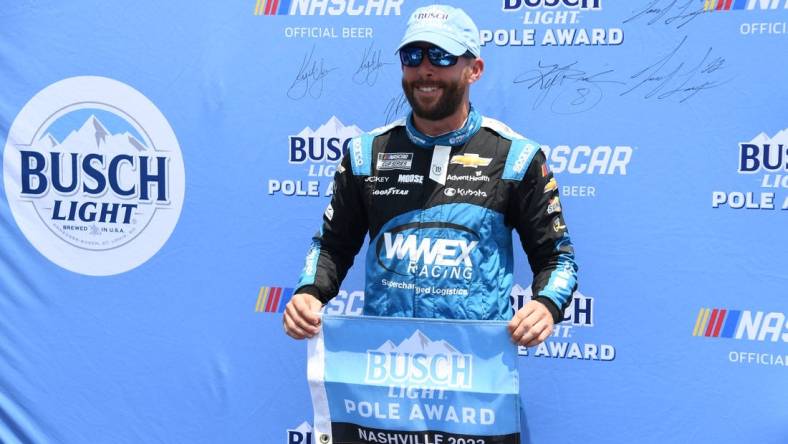 Jun 24, 2023; Nashville, Tennessee, USA; NASCAR Cup Series driver Ross Chastain (1) after winning the pole during qualifying at Nashville Superspeedway. Mandatory Credit: Christopher Hanewinckel-USA TODAY Sports