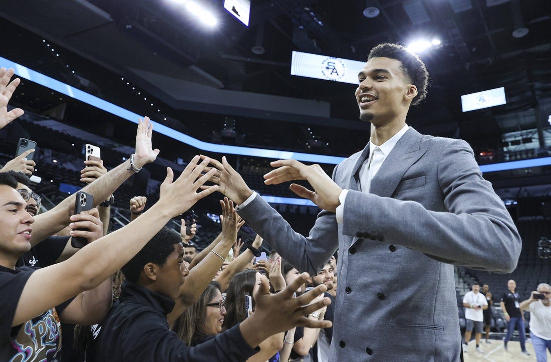 Jun 24, 2023; San Antonio, TX, USA; San Antonio Spurs draft pick Victor Wembanyama greets fans at a press conference at AT&T Center. Mandatory Credit: Troy Taormina-USA TODAY Sports