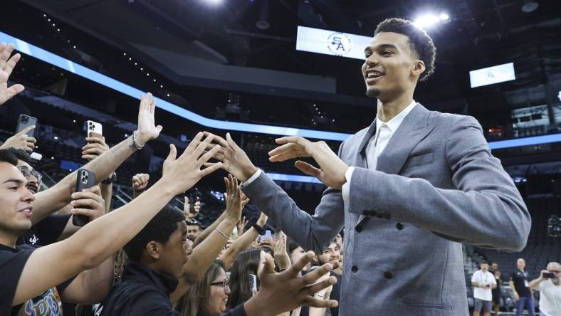 Jun 24, 2023; San Antonio, TX, USA; San Antonio Spurs draft pick Victor Wembanyama greets fans at a press conference at AT&T Center. Mandatory Credit: Troy Taormina-USA TODAY Sports