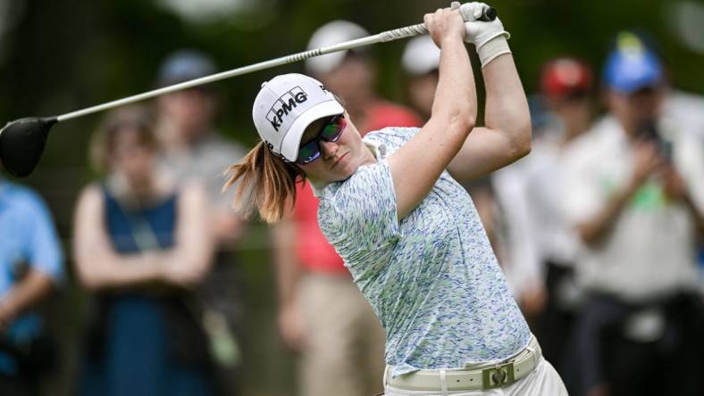 Jun 24, 2023; Springfield, New Jersey, USA; Leona Maguire tees off on the 5th hole during the third round of the KPMG Women's PGA Championship golf tournament. Mandatory Credit: John Jones-USA TODAY Sports