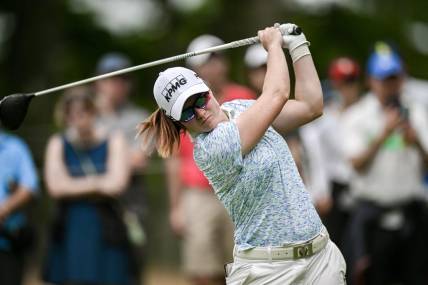 Jun 24, 2023; Springfield, New Jersey, USA; Leona Maguire tees off on the 5th hole during the third round of the KPMG Women's PGA Championship golf tournament. Mandatory Credit: John Jones-USA TODAY Sports