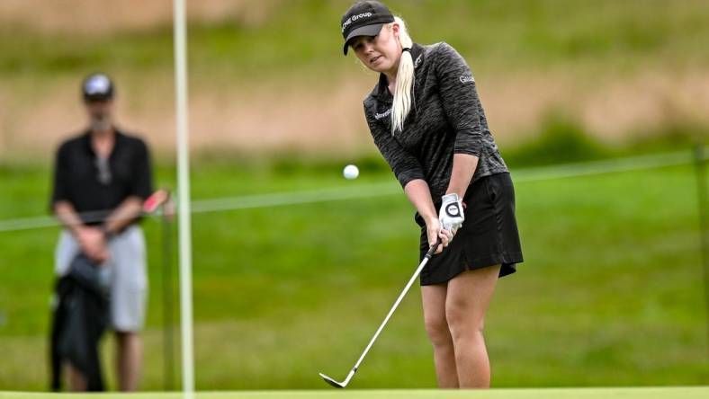 Jun 24, 2023; Springfield, New Jersey, USA; Stephanie Meadow chips a shot onto the 3rd green during the third round of the KPMG Women's PGA Championship golf tournament. Mandatory Credit: John Jones-USA TODAY Sports