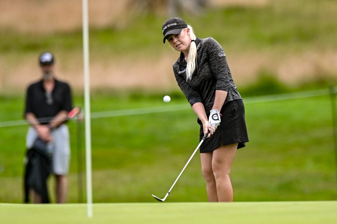 Jun 24, 2023; Springfield, New Jersey, USA; Stephanie Meadow chips a shot onto the 3rd green during the third round of the KPMG Women's PGA Championship golf tournament. Mandatory Credit: John Jones-USA TODAY Sports