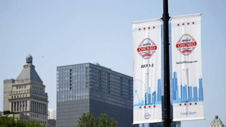 Jun 24, 2023; Chicago, Illinois, USA; A general view of Chicago Street Race banners along the course before the Chicago Street Race. Mandatory Credit: Jon Durr-USA TODAY Sports