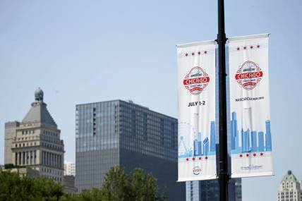 Jun 24, 2023; Chicago, Illinois, USA; A general view of Chicago Street Race banners along the course before the Chicago Street Race. Mandatory Credit: Jon Durr-USA TODAY Sports