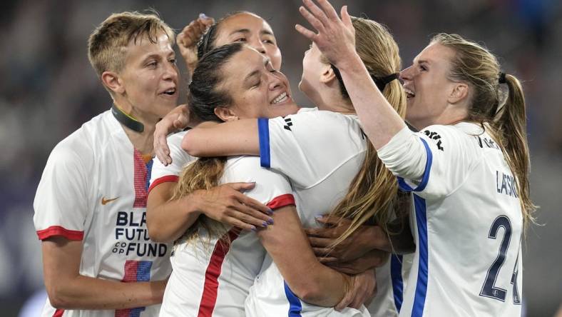 Jun 24, 2023; San Diego, California, USA; OL Reign forward Bethany Balcer (8) reacts after scoring a goal against the San Diego Wave FC during the second half at Snapdragon Stadium. Mandatory Credit: Ray Acevedo-USA TODAY Sports