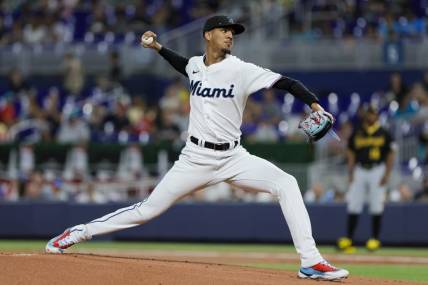 Jun 25, 2023; Miami, Florida, USA; Miami Marlins starting pitcher Eury Perez (39) delivers a pitch against the Pittsburgh Pirates during the first inning at loanDepot Park. Mandatory Credit: Sam Navarro-USA TODAY Sports