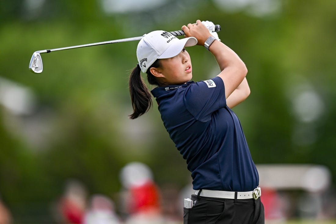 Jun 25, 2023; Springfield, New Jersey, USA; Ruoning Yin tees off on the 4th hole during the final round of the KPMG Women's PGA Championship golf tournament. Mandatory Credit: John Jones-USA TODAY Sports